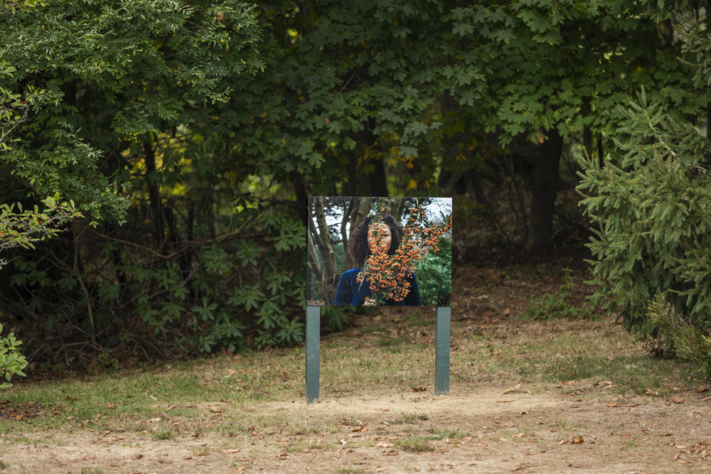 image of a woman with an orange plant in front of her house installed in a field with green trees in the background